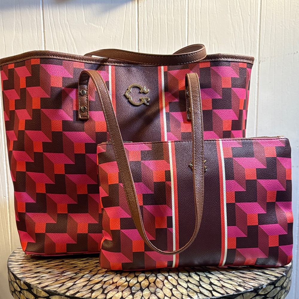 C. Wonder Pink and Brown Geometric Tote and Pouch Set